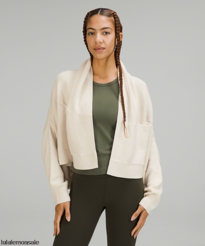 Lululemon Damen DELULU482 | White Opal Gerippter Langer Wickelpullover Aus Einer Merinowollmischung